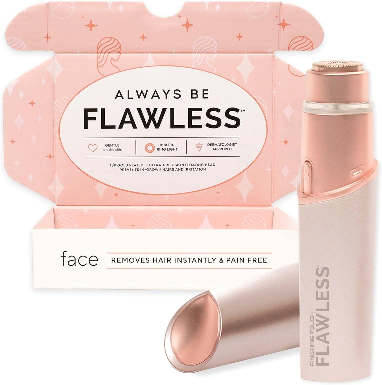 Máy Tẩy Lông Mặt Finishing Touch Flawless cho Phụ Nữ - Dao Cạo Điện Màu Vàng Hồng, Có Đèn LED và Bao Bì Tái Chế