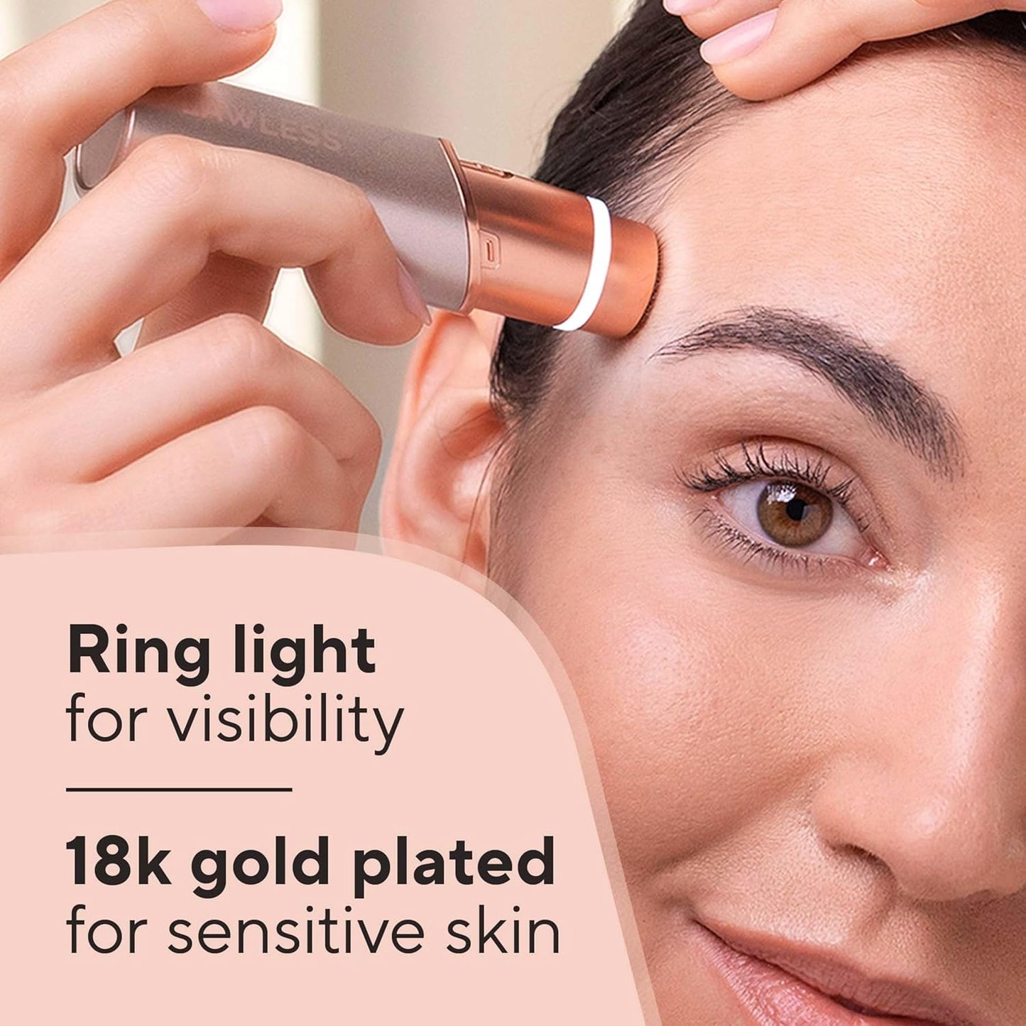 Máy Tẩy Lông Mặt Finishing Touch Flawless cho Phụ Nữ - Dao Cạo Điện Màu Vàng Hồng, Có Đèn LED và Bao Bì Tái Chế