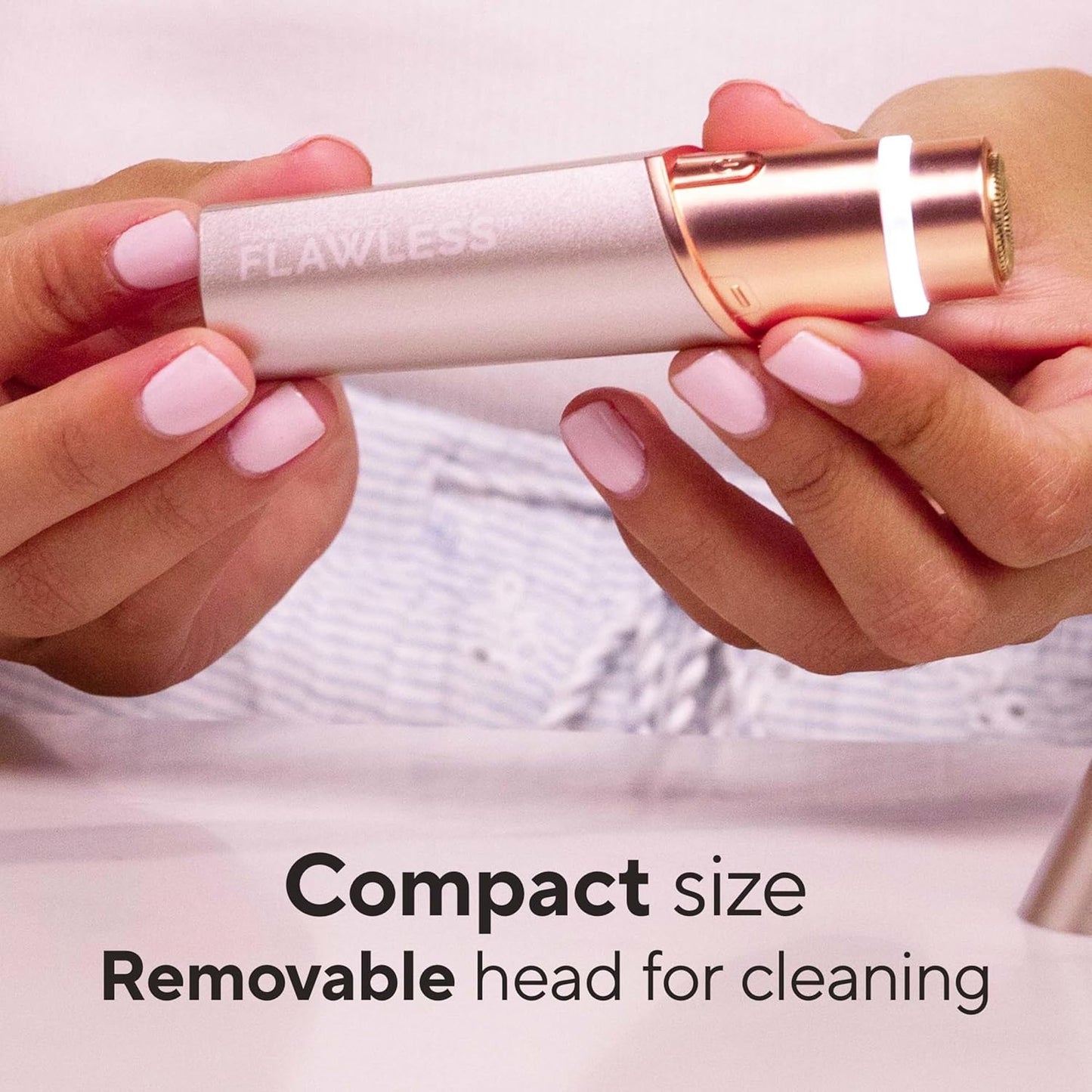 Máy Tẩy Lông Mặt Finishing Touch Flawless cho Phụ Nữ - Dao Cạo Điện Màu Vàng Hồng, Có Đèn LED và Bao Bì Tái Chế