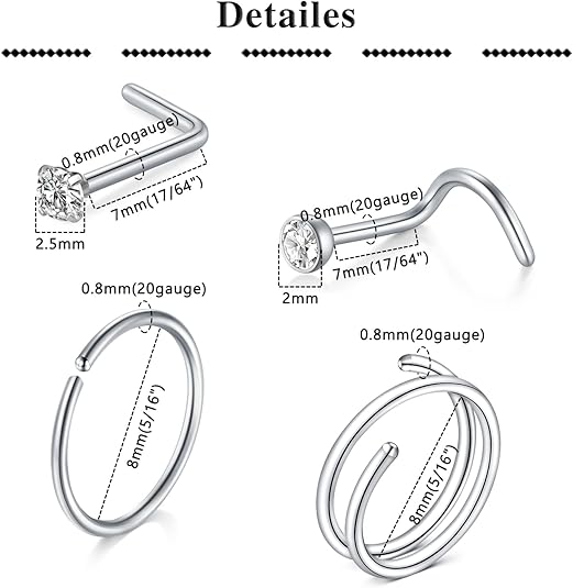 QWALIT Surgical Steel & Sterling Silver Nose Rings and Studs – 18G 20G L Shape & C Curve Design – Rose Gold & Black Nose Jewelry for Men and Women